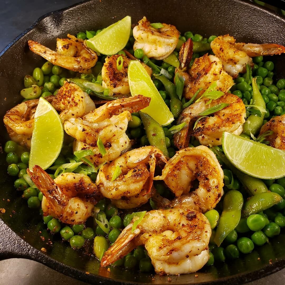 Spicy jumbo shrimps, butter garlic and lime sauteed edamame. Gf, lf, k