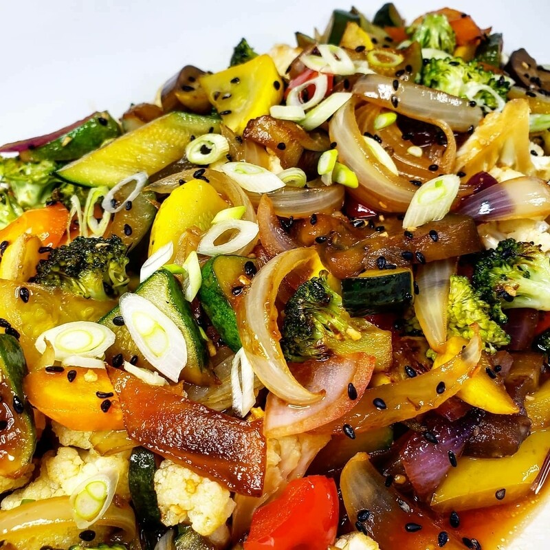 Sweet and sour stir-fry vegetables, ginger rice.V, vi, lf, gf