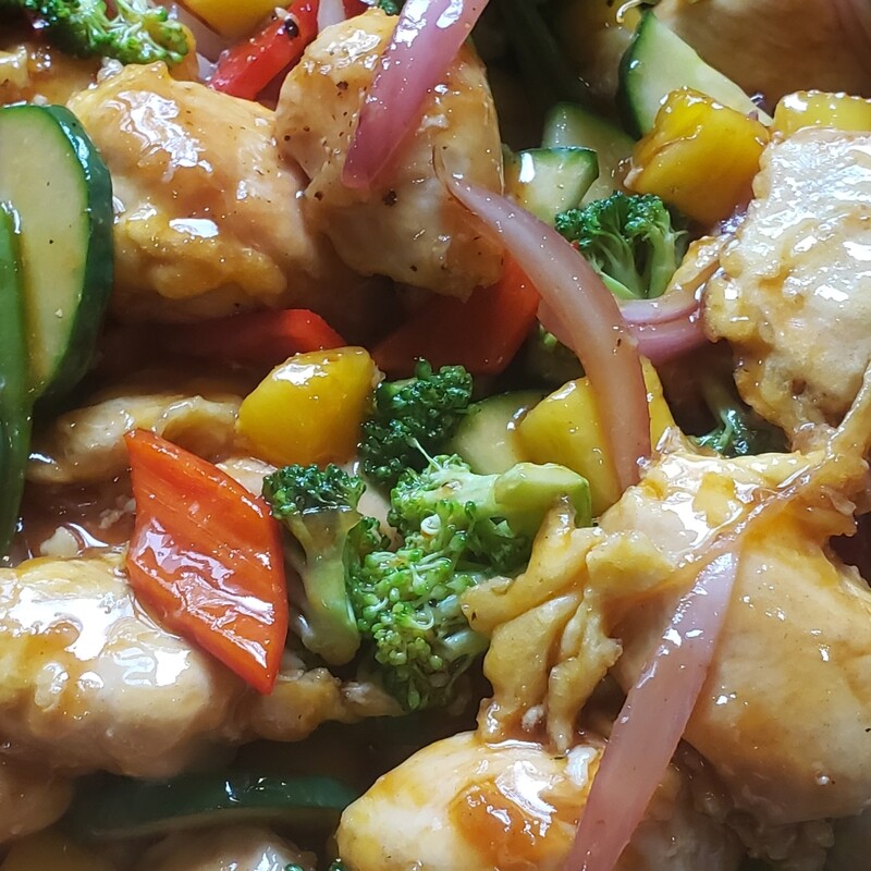Sweet and sour pineaple chicken and vegetables, coconut ginger rice. Lf
