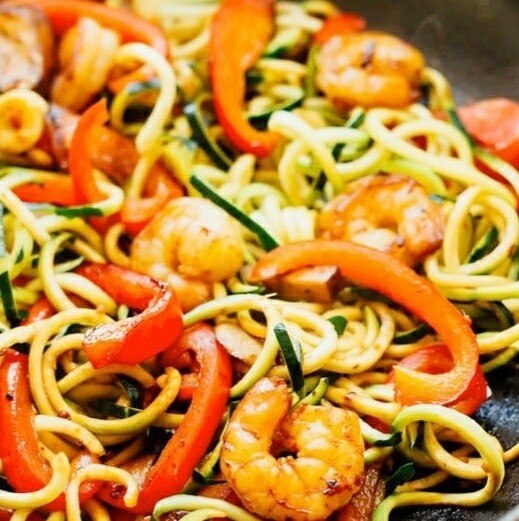 Shrimps Lo Mein, stir-fry zucchini spaghetti  Gf, lf, k