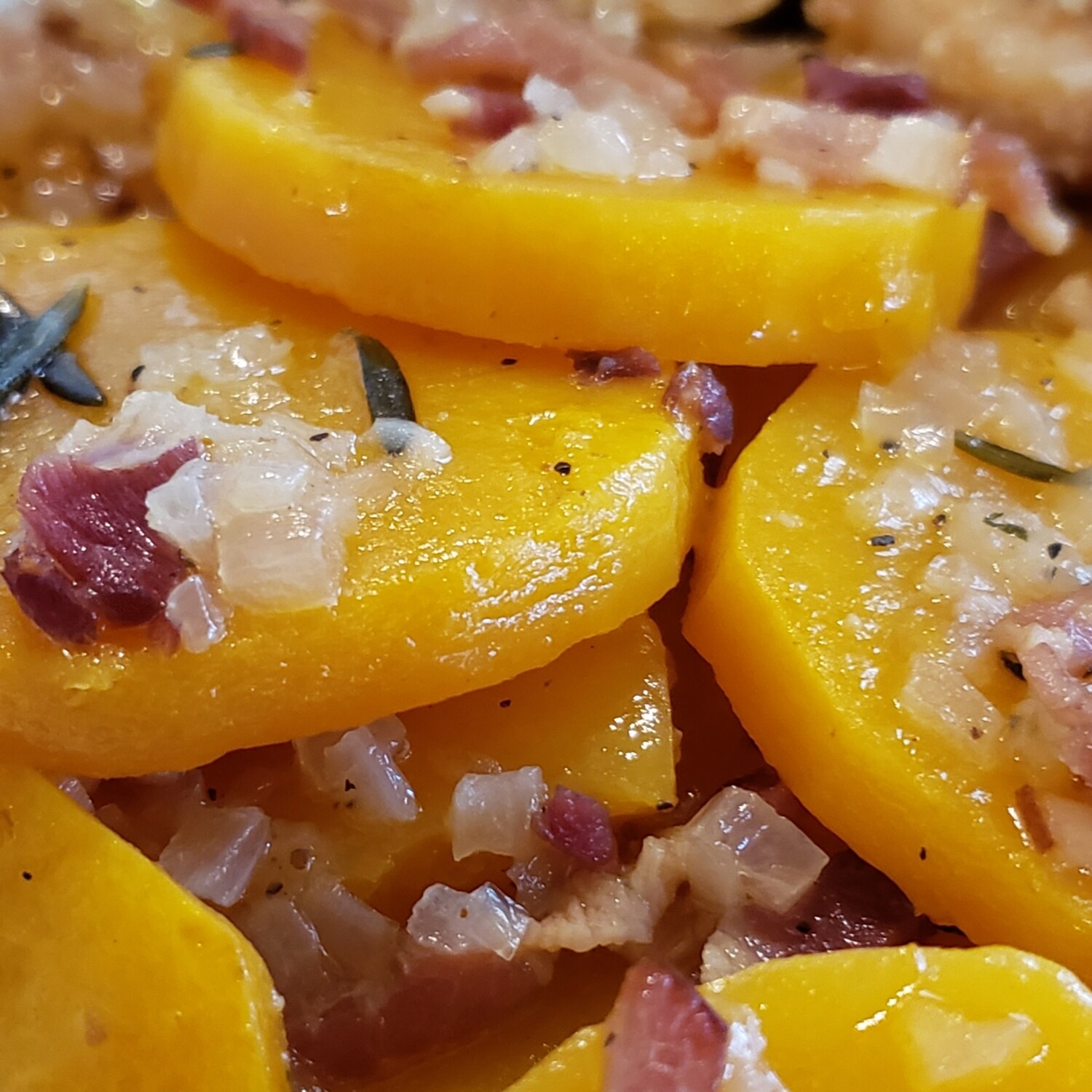 Butternut boulangere, white wine, onion, bacon and parsley. Gf, lf, k