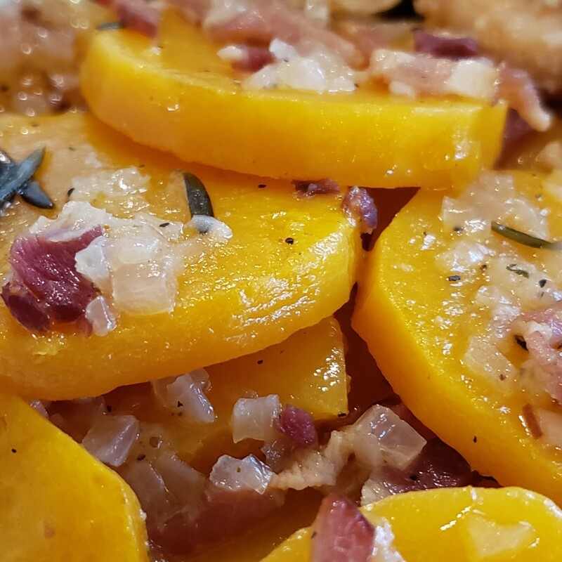 Butternut boulangere, white wine, onion, bacon and parsley. Gf, lf, k