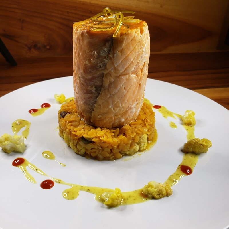 Western African moringa stuffed roasted rolled salmon filet, moringa curry cream sauce served with coral lentils and cauliflower, lemon zests, side of harissa.
Gf, k Western African moringa stuffed roasted rolled salmon filet, moringa curry cream sauce served with coral lentils and cauliflower, lemon zests, side of harissa.
Gf, k