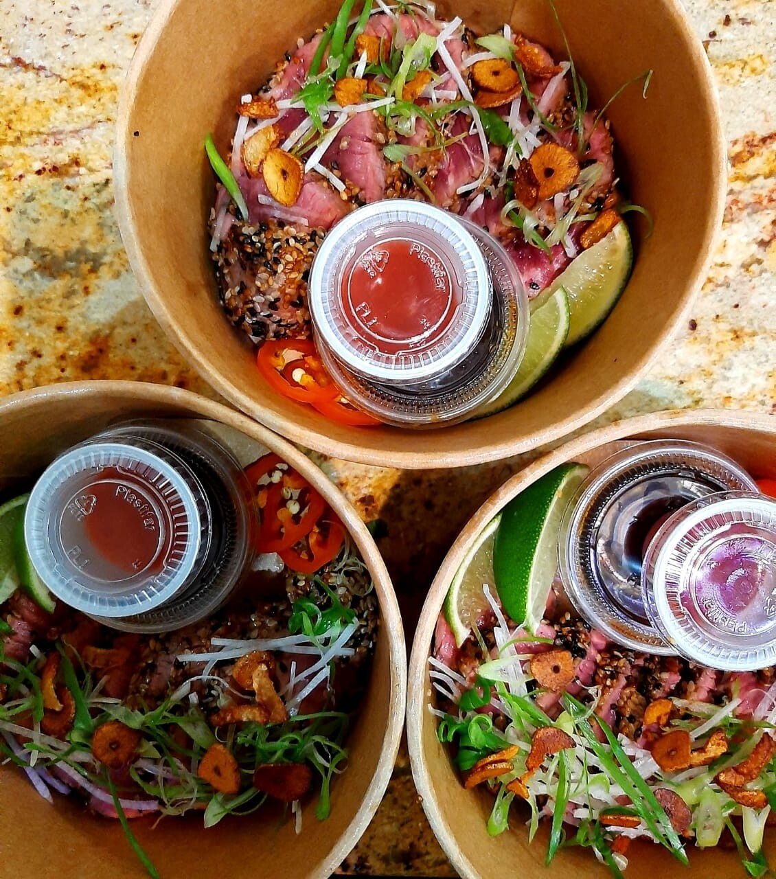 Beef tataki, garlic chips and ponzu sauce. Gf, lf, k