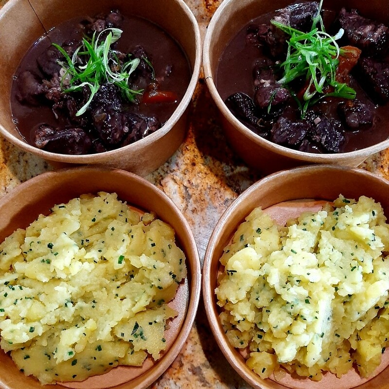 Cabernet Pork stew, garlic and chives mashed potatoes. Gf, lf