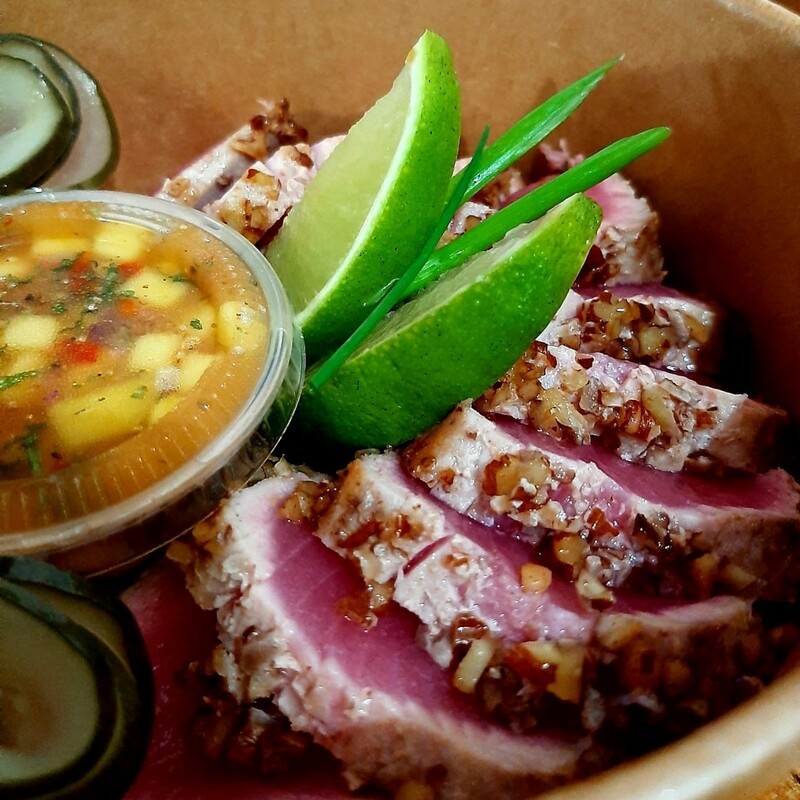 Seared Spicy Tuna with crushed pecans and mango salsa, sweet potato and coconut purée. Gf, lf