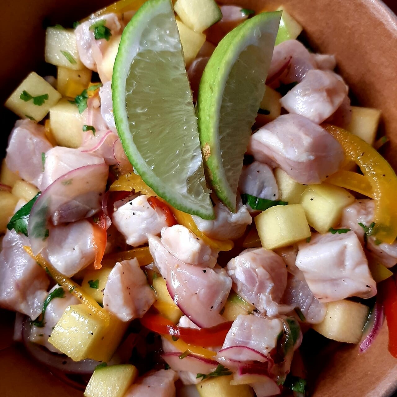 Granny Smith lime white marlin ceviche, side of aji sauce and patacones. 220g 1 to 2 servings. V, gf, lf, k