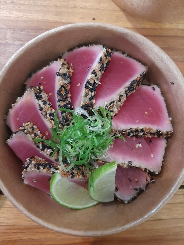 Seared sesame crusted tuna sashimi, ginger garlic soy sauce asian salad Gf, Lf, k