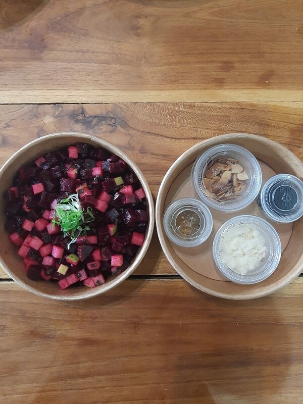 Ruby red beets salad granny Smith apple, feta cheese roasted almonds and balsamic dressing. 
V, gf