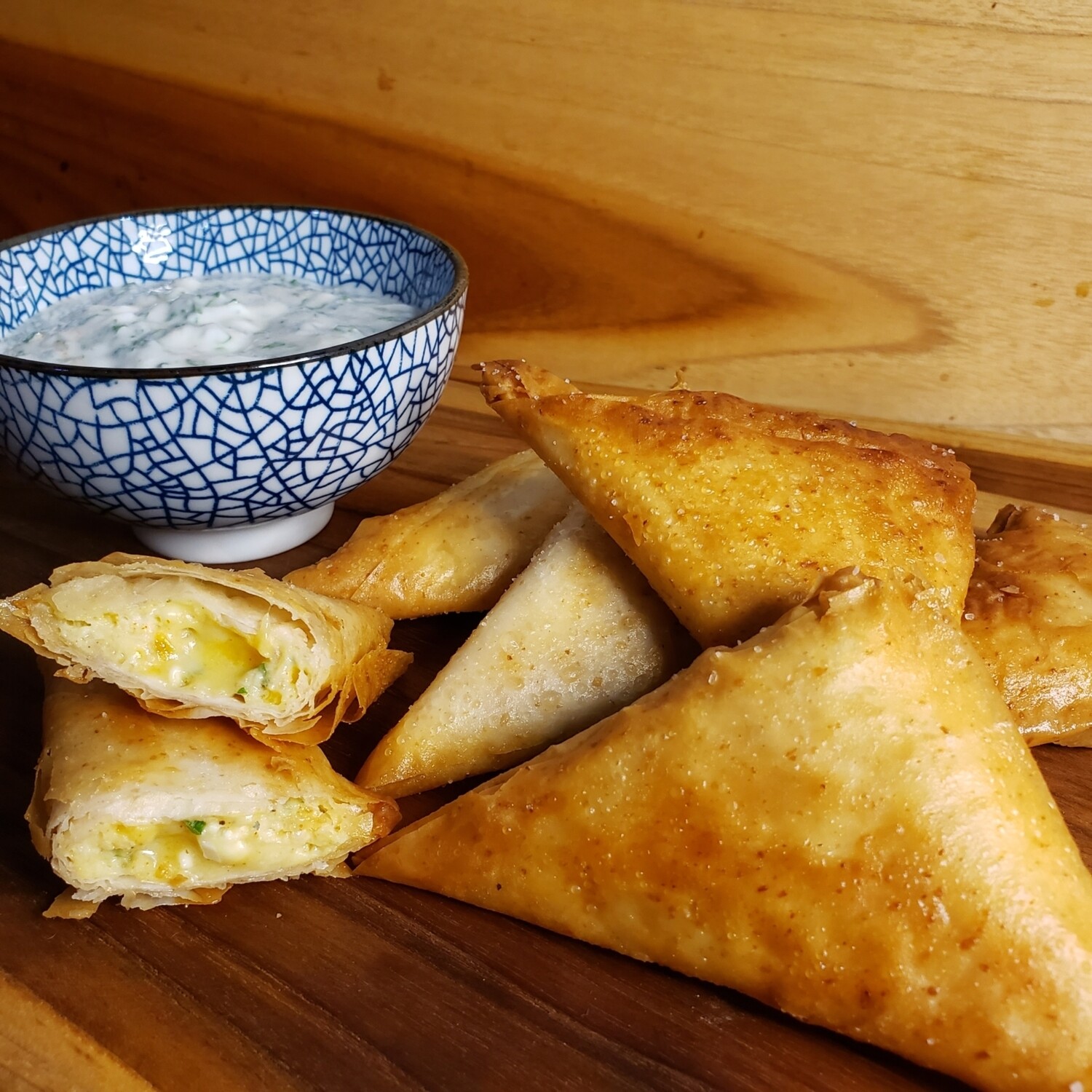 Cheese Samosa, yogurt and mint sauce. V