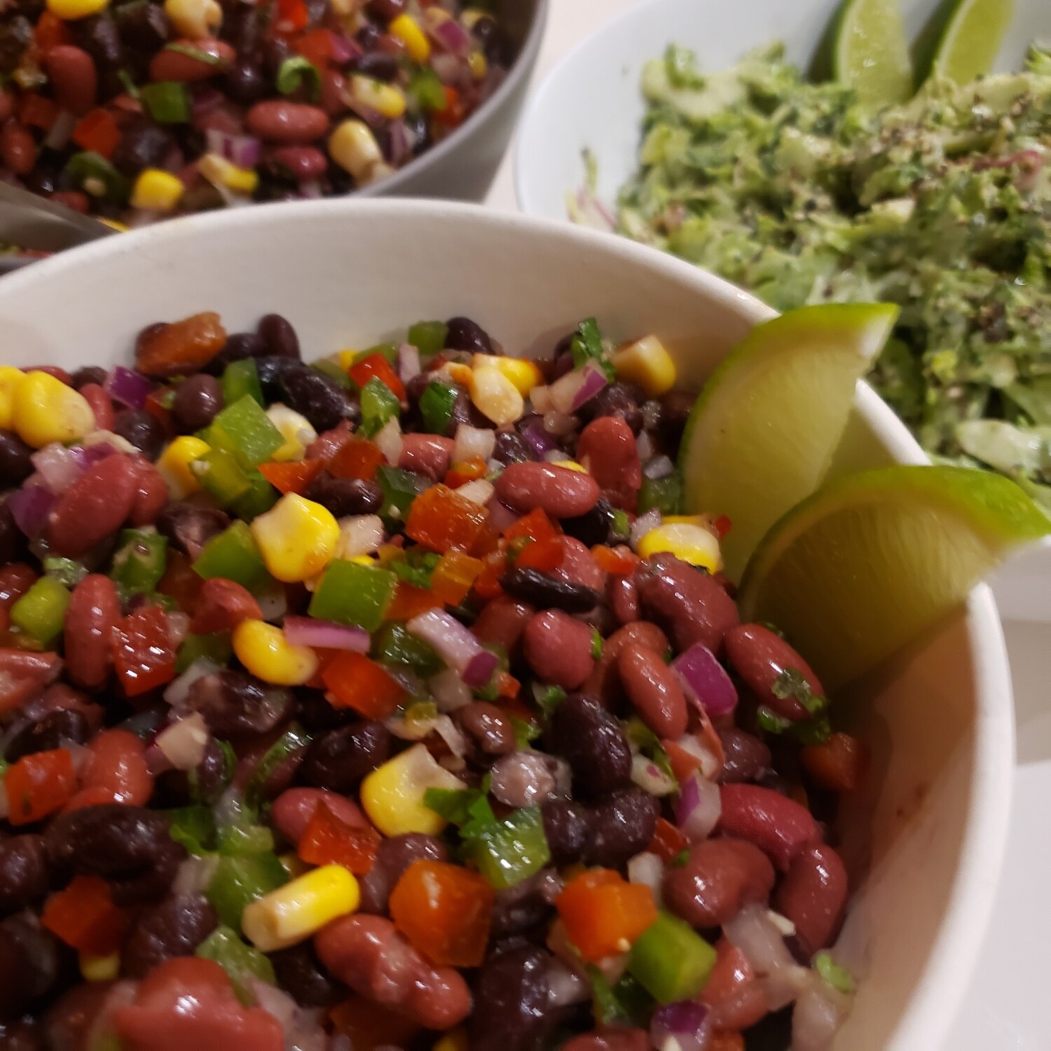 Mexican beans salad, corn, peppers and cilentro, lime, tabasco and olive oil dressing. V, ve, gf, lf