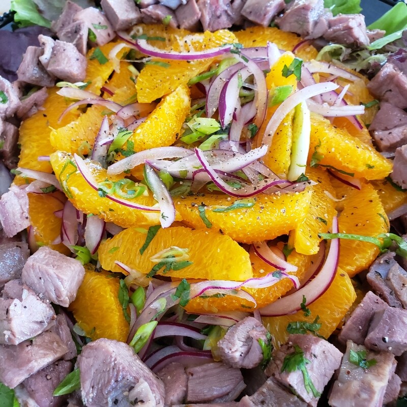 Orientals lamb, citrus and mint salad, side of yogurt sauce and harissa. Gf, k