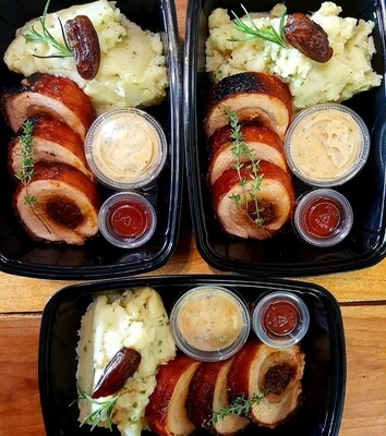 Slow roasted rolled crispy pork belly with apricots honey stuffing, potatoes écrasée Gf, lf