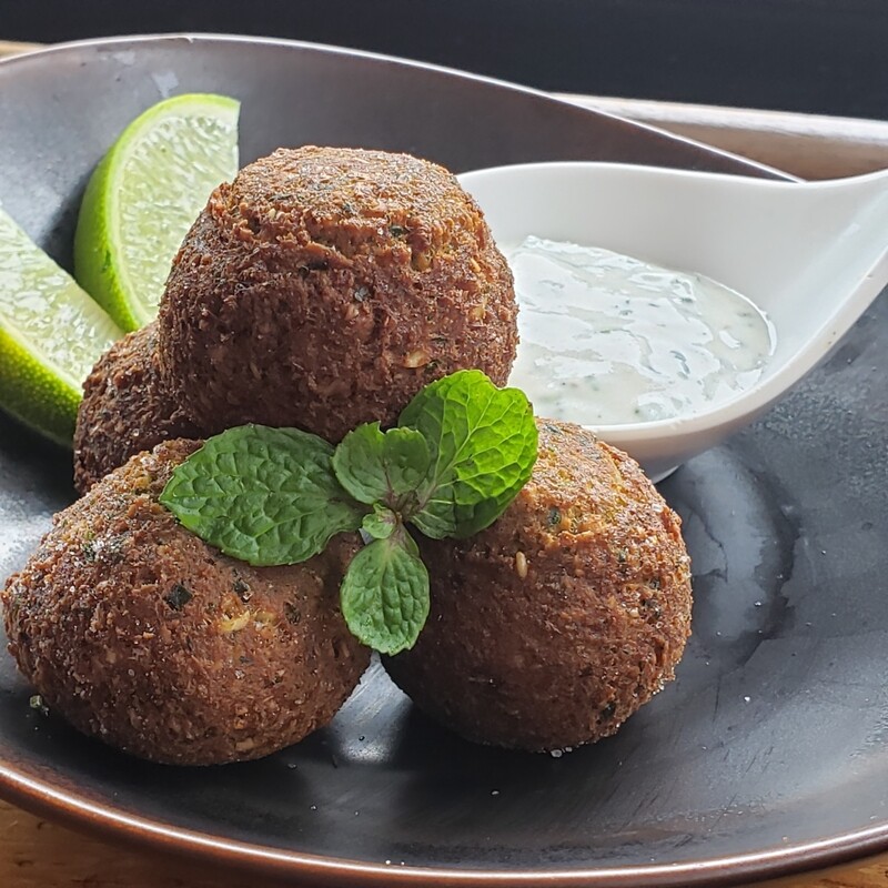 Falafels, yogurt mint dip and side of harissa. V, ve, gf
