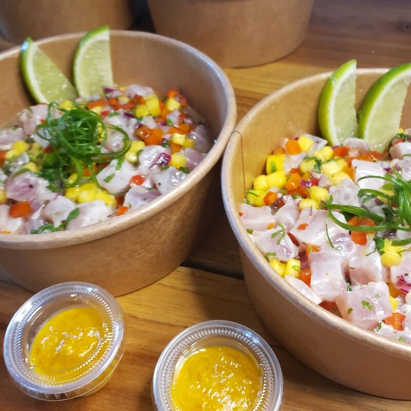 Pineaple and lime white marlin ceviche, spicy piña colada salsa.
Gf, lf 
