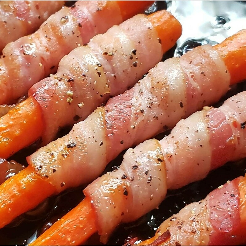 Roasted bacon rolled mini carrots, maple glazed.