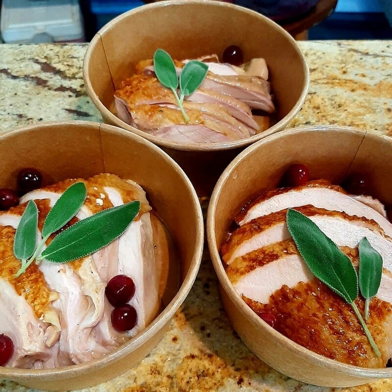 Roasted turkey, roasted garlic and kale stuffing, apple sauce, gravy, cranberry sauce, potato ecrasee and string beans.