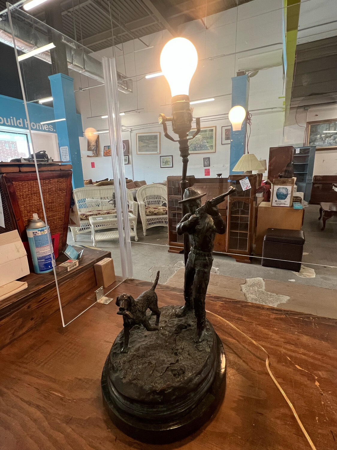 Maitland Smith Bronze Hunter & Pointer Dog Lamp w/ Marble Base & Classic Empire Lamp Shade