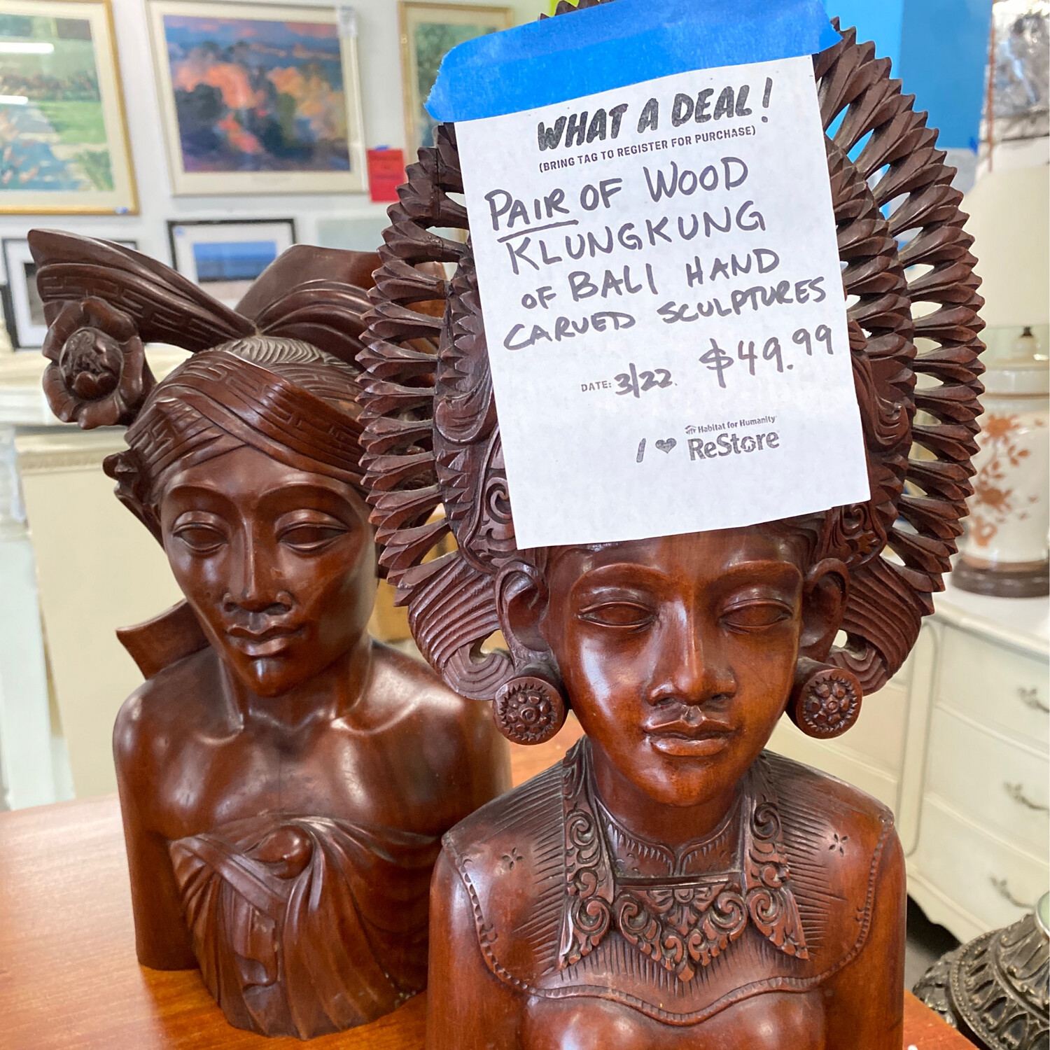Pair Of Wood Klungkung Of Bali Hand Carved Scuptures