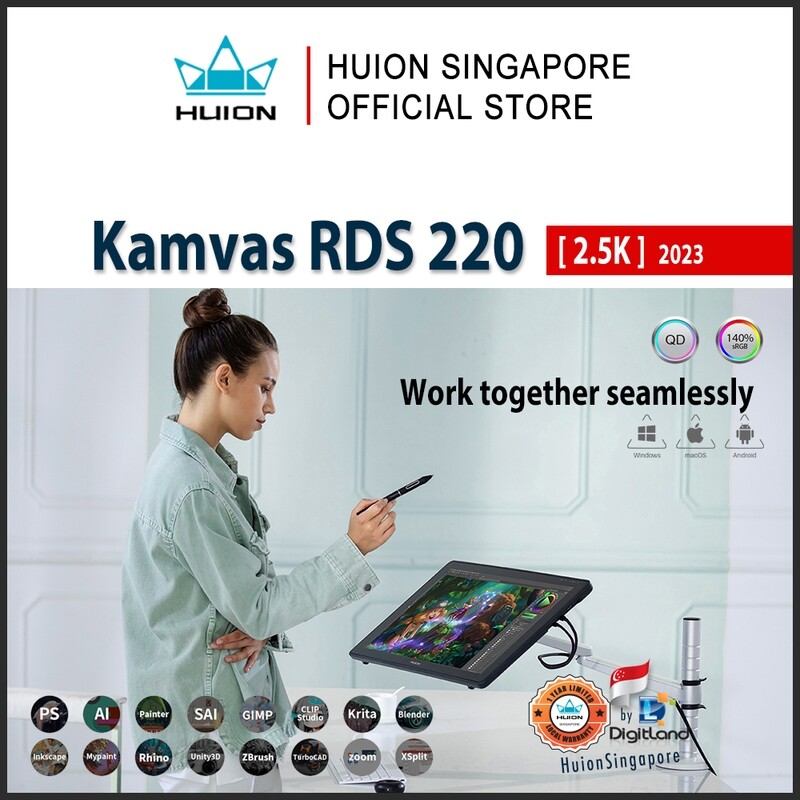 Huion Singapore Kamvas RDS-220 2.5k Drawing Tablet Pen Display with Quantum-dot technology Anti-glare Screen