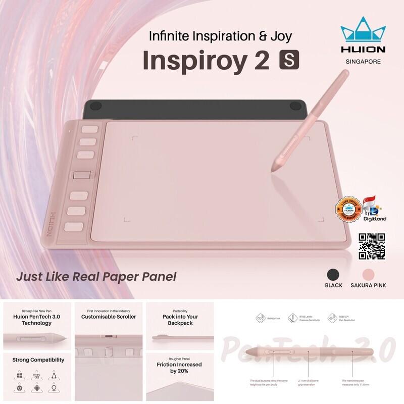 Huion Inspiroy 2 S with 6 Keys and 1 scroller Portable Drawing Pen Tablet Battery-free Pen with PenTech 3.0