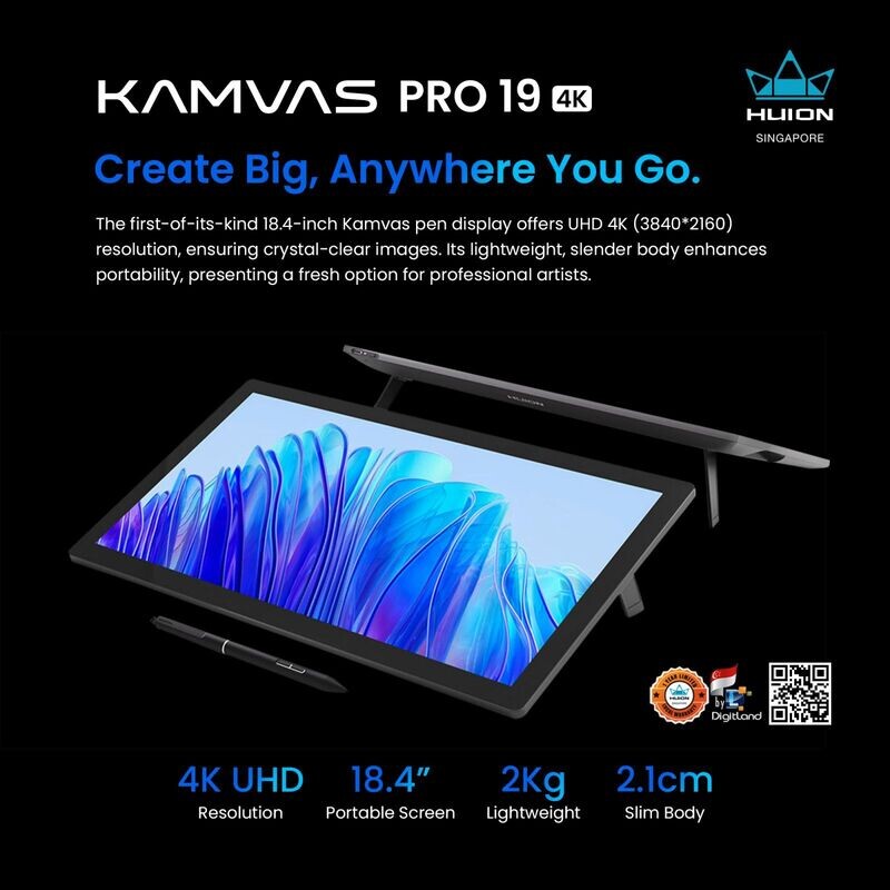 Huion Singapore Kamvas Pro 19 Drawing Tablet Pen Display 18.4" Screen with 4K UHD Resolution 10 Points Finger Touch
