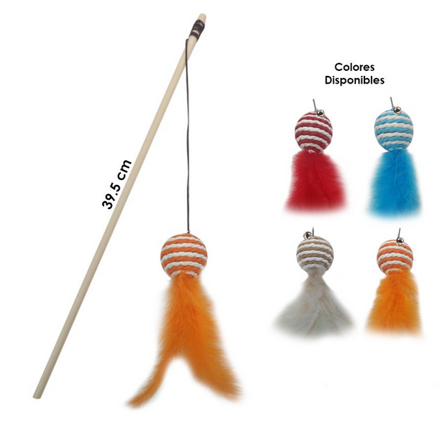 Juguete para Gato Vara 39.5 cm con Cascabel, Bola y Pluma