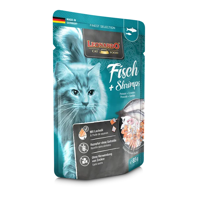 Alimento Húmedo en Sobre para Gato Leonardo Menú Pescado &amp; Gambas 85 g