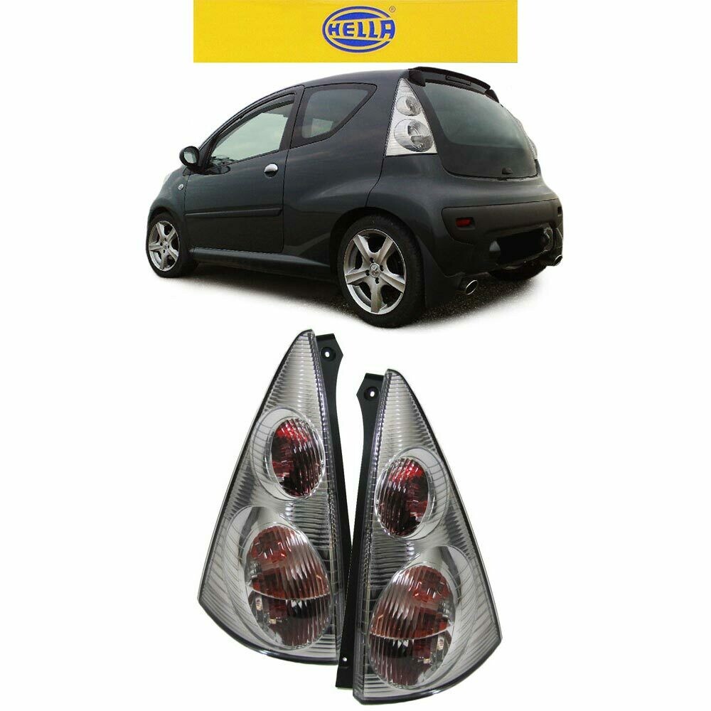 Paire de feux arrière Hella en verre clair chrome pour Citroën C1 2005-2013 et Peugeot 107 2005-2014