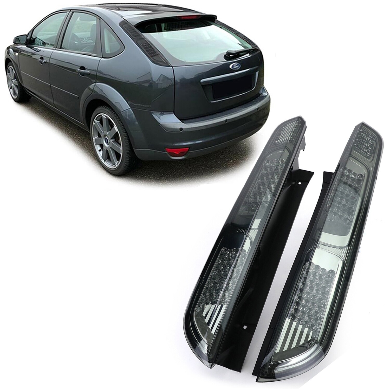Paire de feux arrière à LED en verre noir fumé  avec clignotants pour Ford Focus 2004-2007