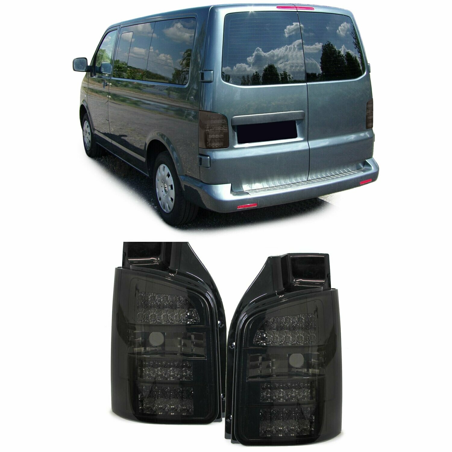 Paire de feux arrière à LED en verre noir fumé avec clignotants LED pour Volkswagen Bus T5 2003-2009
