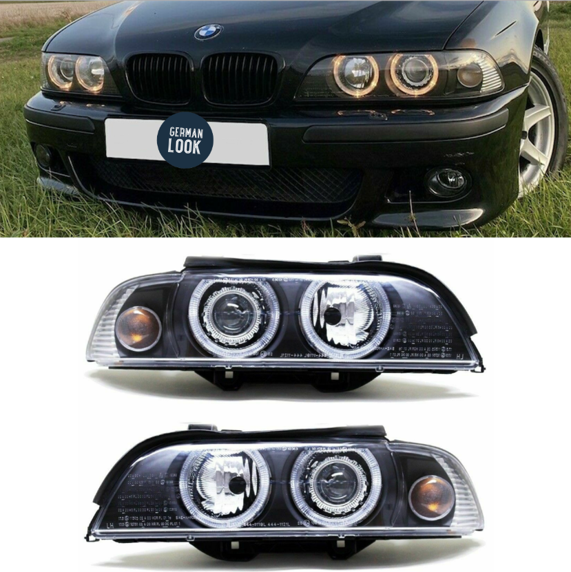 Kit de 2 Phares Angel Eyes noir pour BMW Série 5 E39 Phase 2 (2000 - 2003)  Berline - Touring - D2S/H7