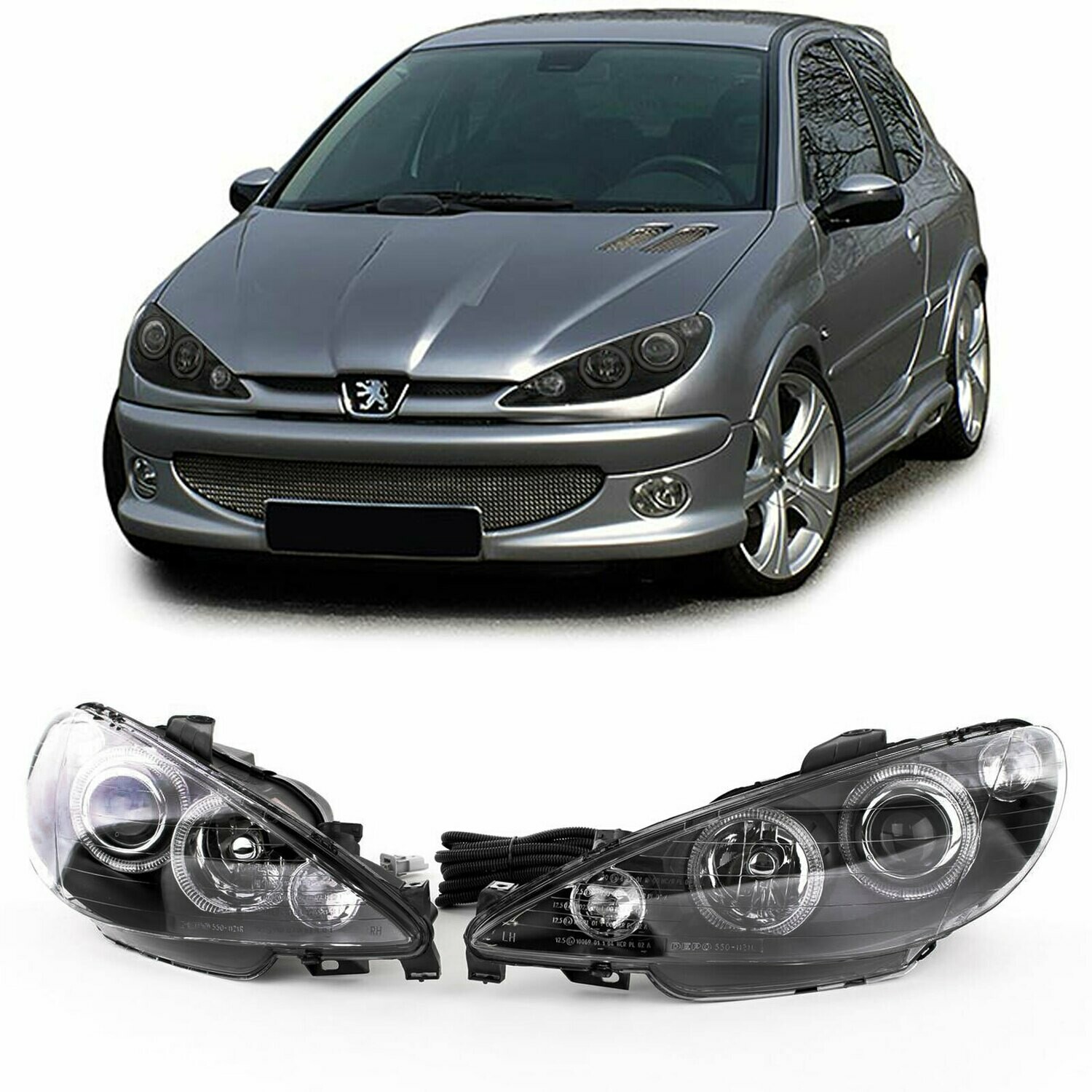 Paire de phares Angel Eyes avant pour Peugeot 206 1998 - 2002