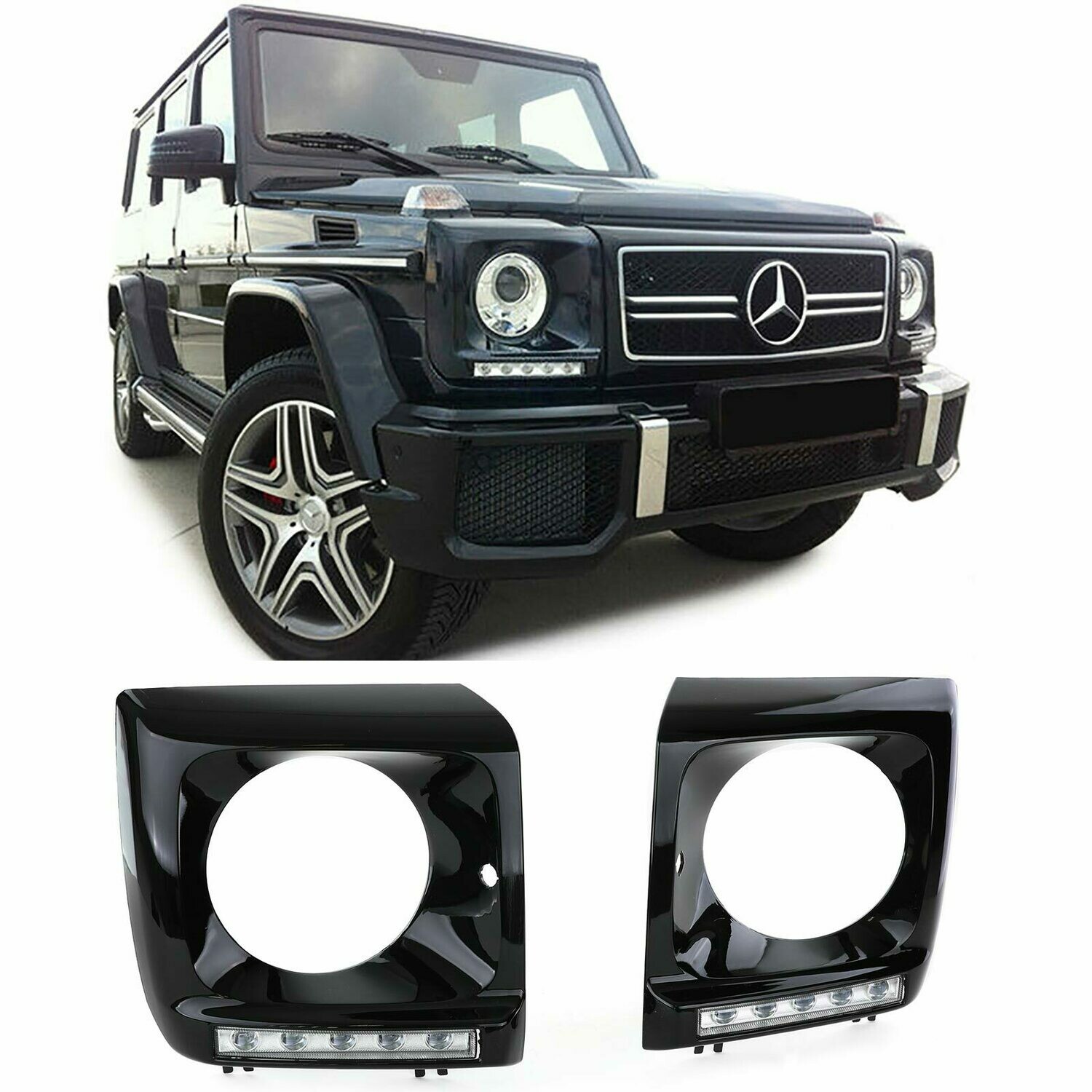 Couvre phares noir brillant avec feux de jour à LED pour Mercedes G W463 1989 - 2012