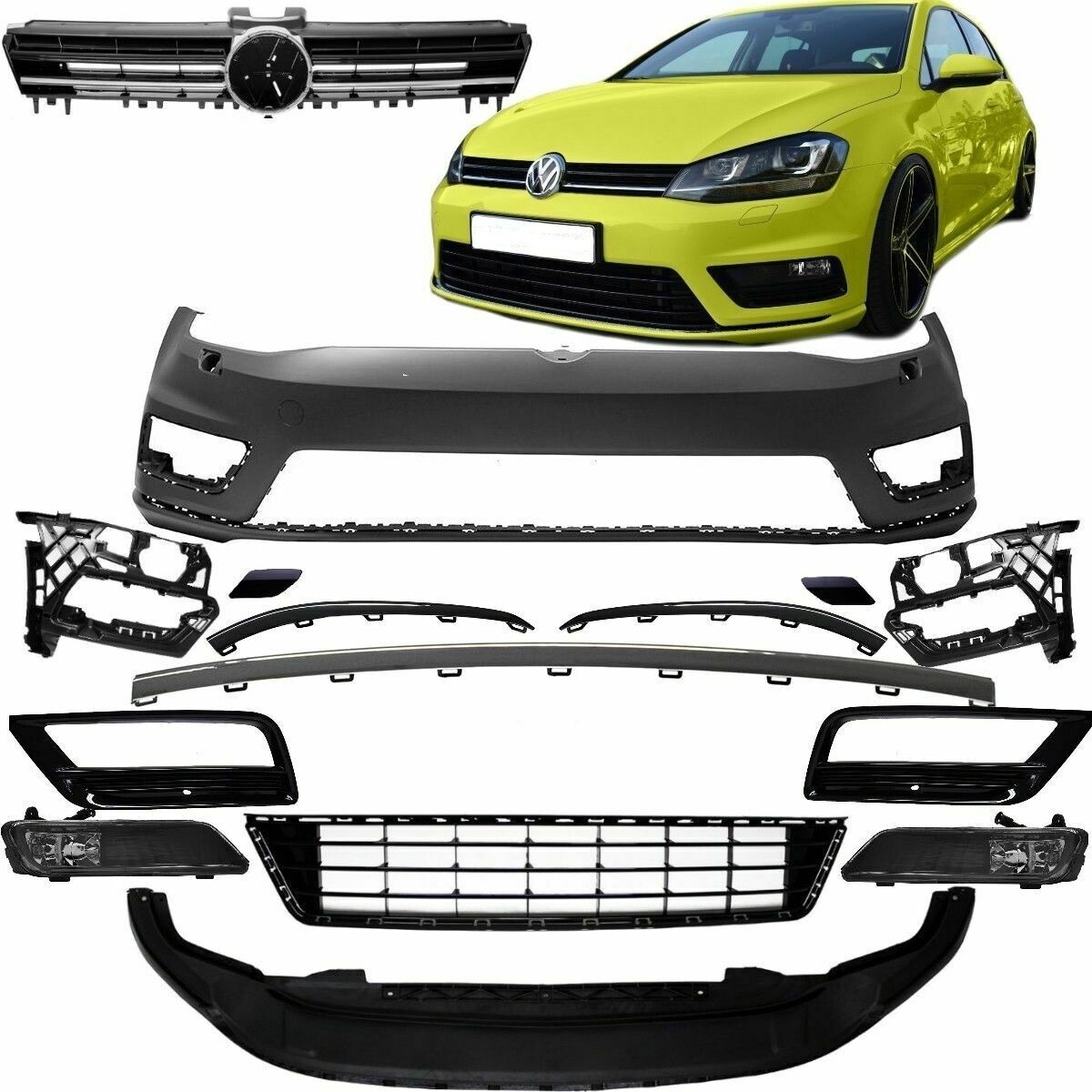 Pare choc avant Sport Look R-LINE pour Volkswagen Golf 7 2011-2017 + Calandre + Antibrouillards