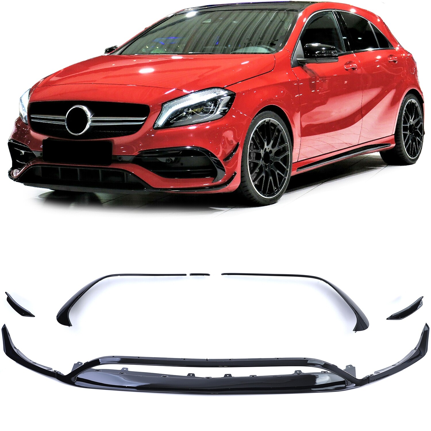 Rajouts pare-chocs avant pour Mercedes Classe A W176 Facelift Look AMG 2015-2018 Noir Brillant