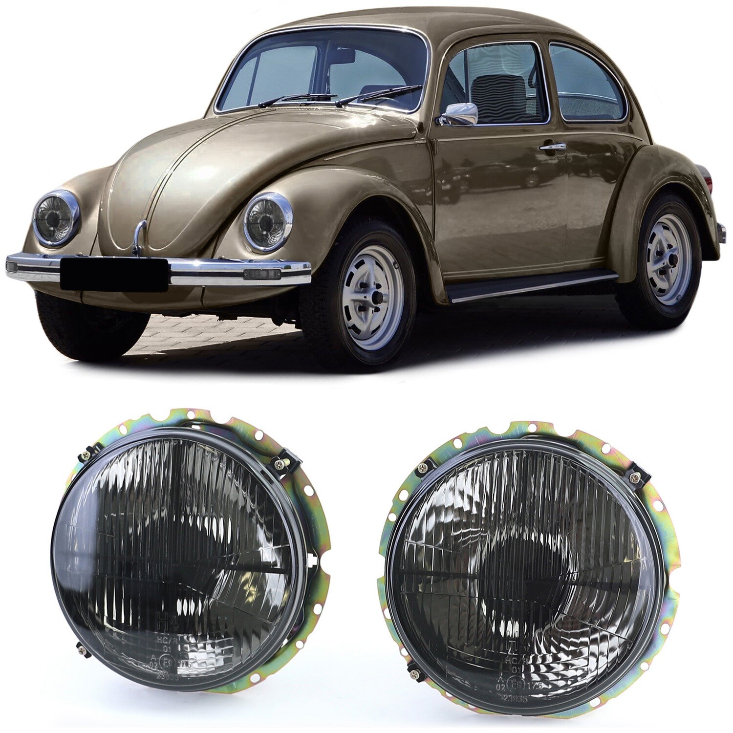 Phares noirs fumés avec réticule adaptables pour VW Coccinelle + Cabrio à partir de 73