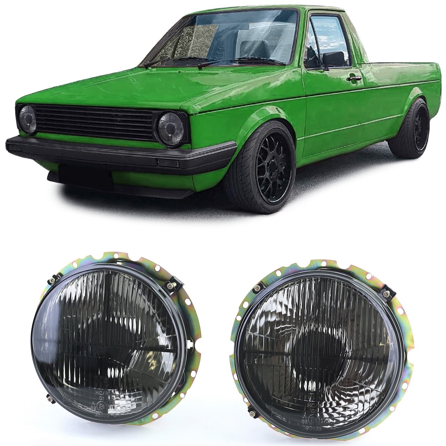 Phares noirs fumés avec réticule pour VW Caddy I 82-92 + Jetta I 79-84
