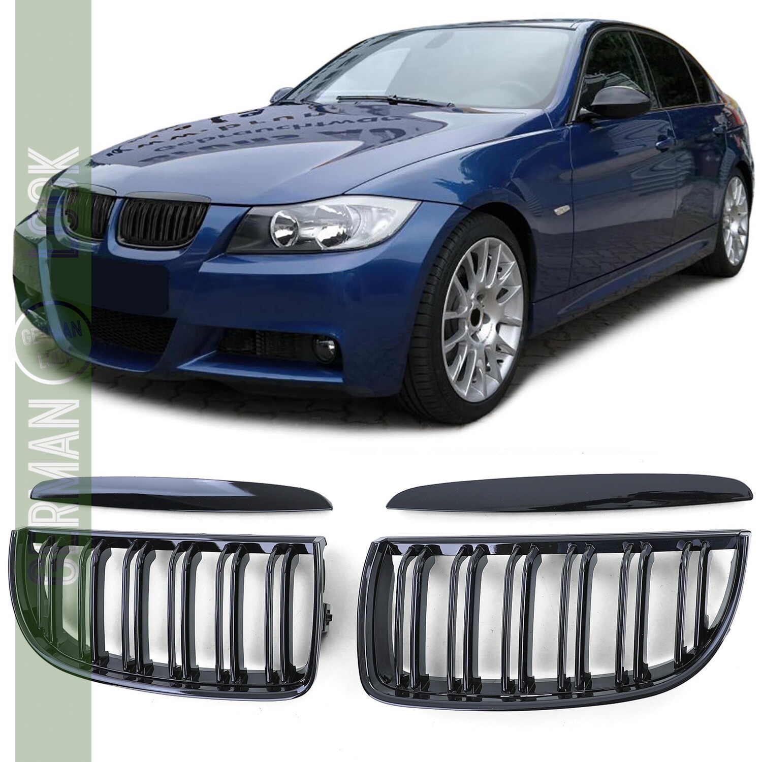 Calandre double lame pour BMW Série 3 E90 E91 2005-2008 noir brillant