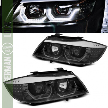 Phares 3D LED Angel Eyes pour BMW E90 Berline E91 Touring noir