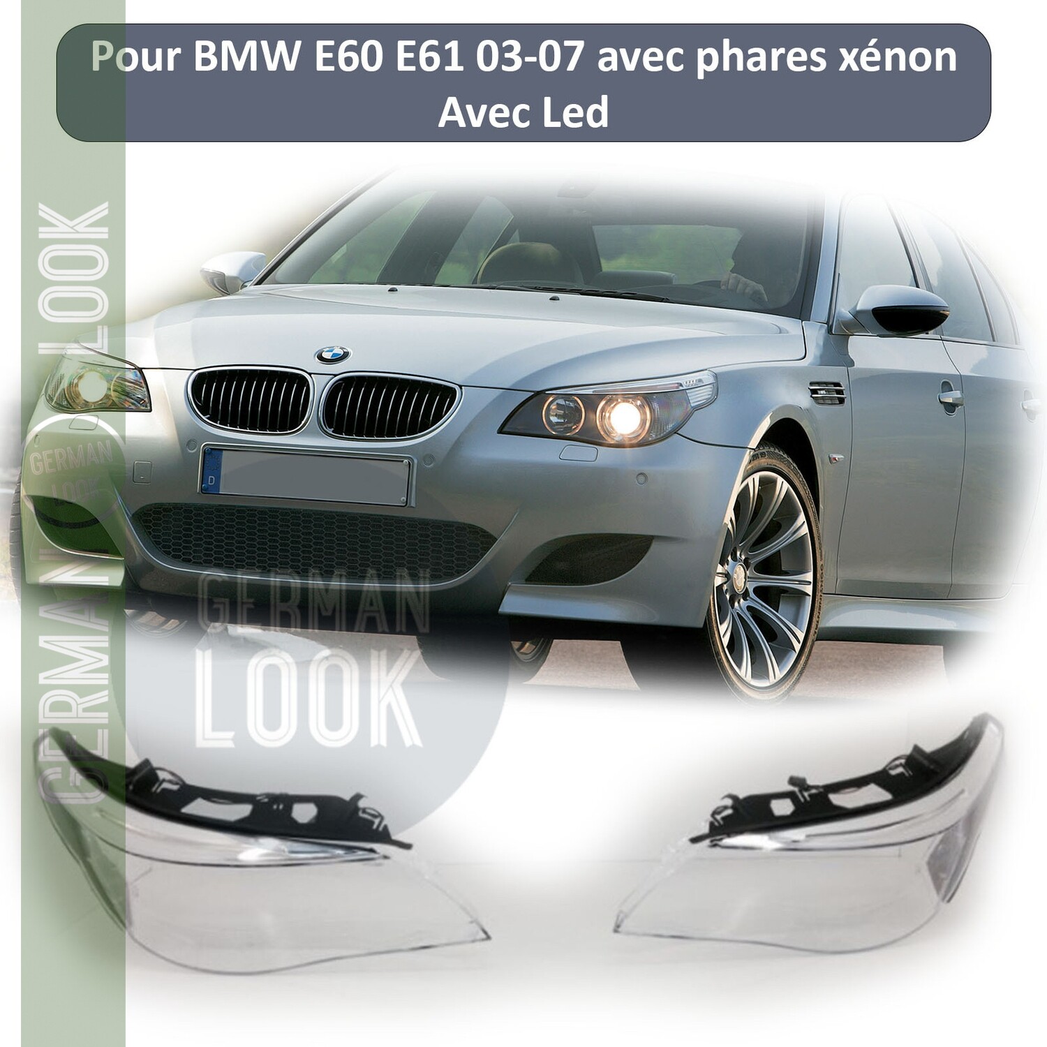 2 Vitres de phares avant pour BMW Série 5 e60 e61 Berline et Touring de 2003-2007 avec LED