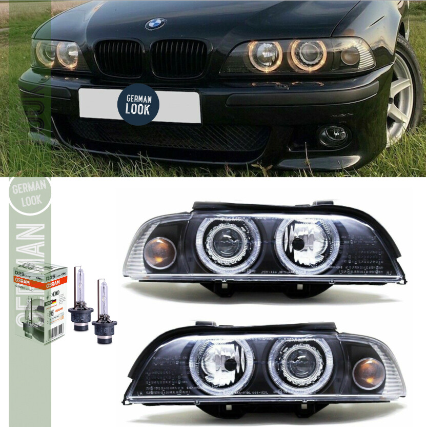 Kit de 2 Phares Angel Eyes noir pour BMW Série 5 E39 Phase 2 (2000 - 2003) Berline - Touring - D2S/H7 + Xenon D2S Osram