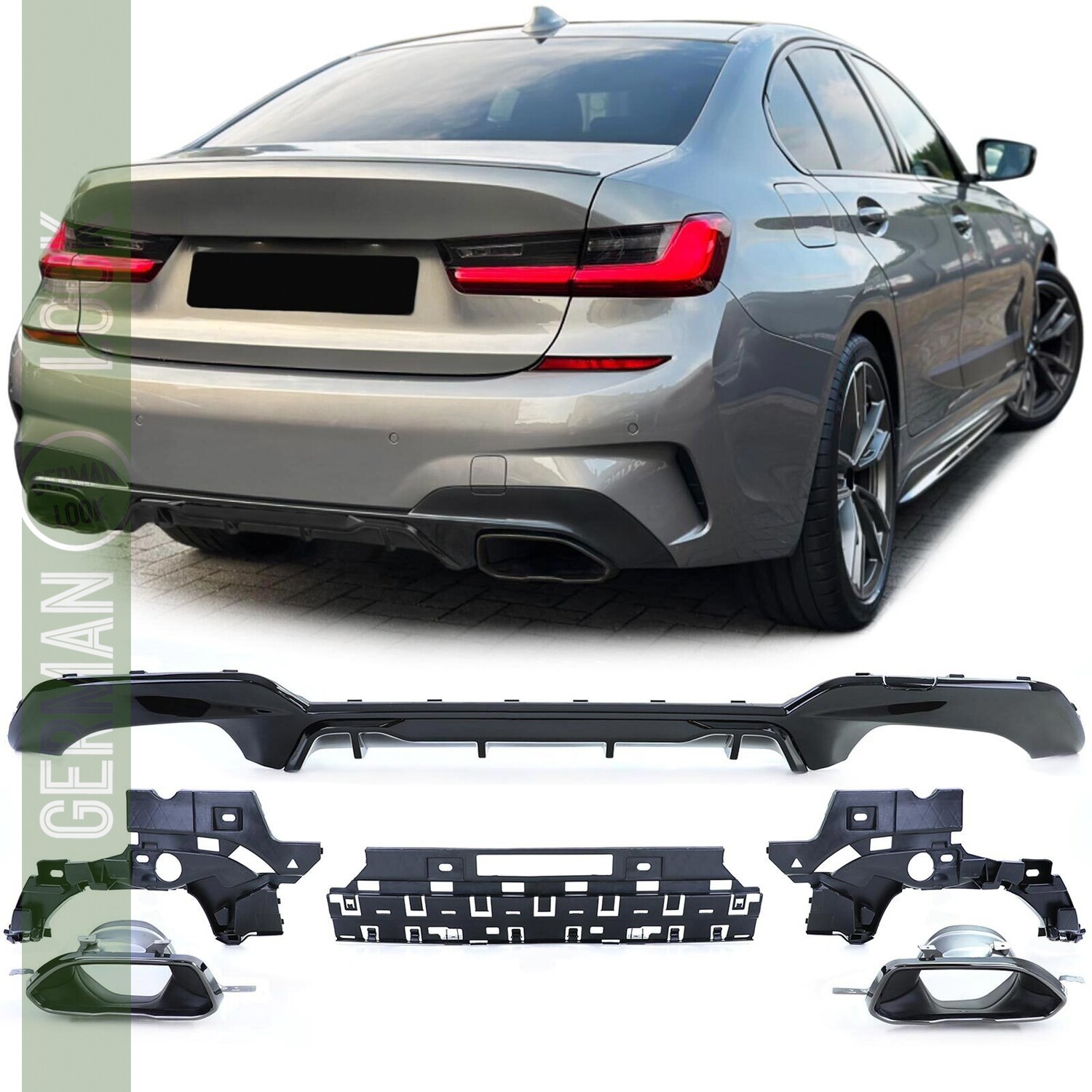 Diffuseur arrière noir brillant + sorties d'échappement look 340 pour BMW Série 3 G20 G21 320 330