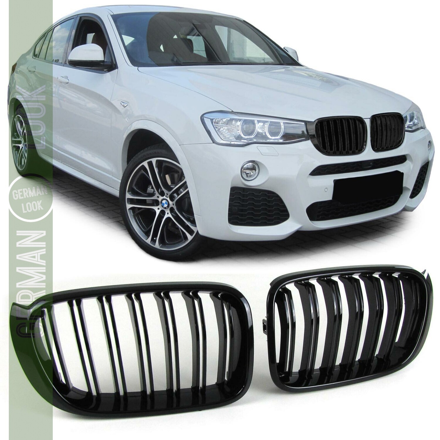 Calandre / Grille Double Lame pour BMW X3 F25 X4 F26 Noir Brillant Look Pack M Performance après 2014