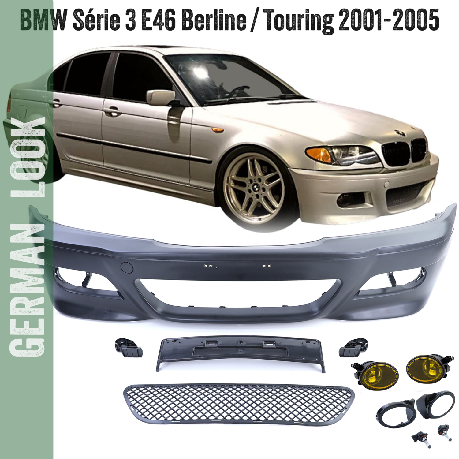 Pare-chocs avant BMW Série 3 E46 Look M3 pour Berline Touring 2001-2005 + Gissières + suport plaque + Antibrouillards jaune
