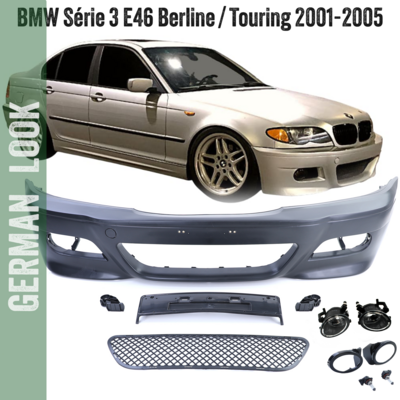 Pare-chocs avant BMW Série 3 E46 Look M3 pour Berline Touring 2001-2005 + Gissières + suport plaque + Antibrouillards transparent