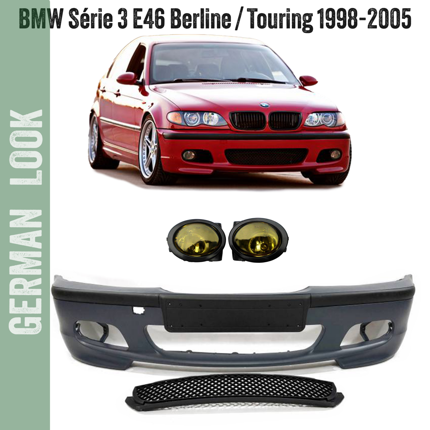 Pare-chocs avant pour BMW Série 3 E46 Berline et Touring Pack M M2 + Antibrouillards jaune