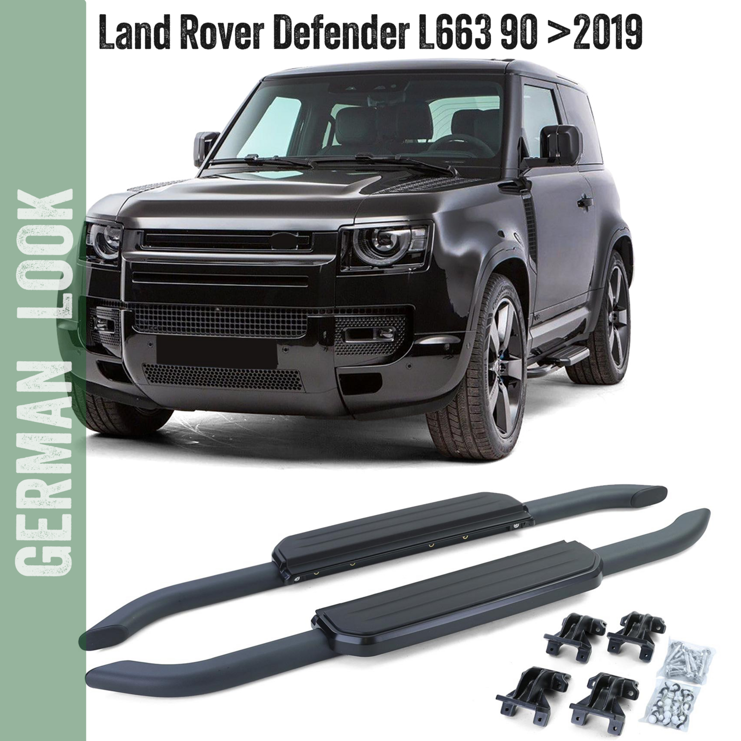 Marchepieds en aluminium noir pour Land Rover Defender L663 90 après 2019