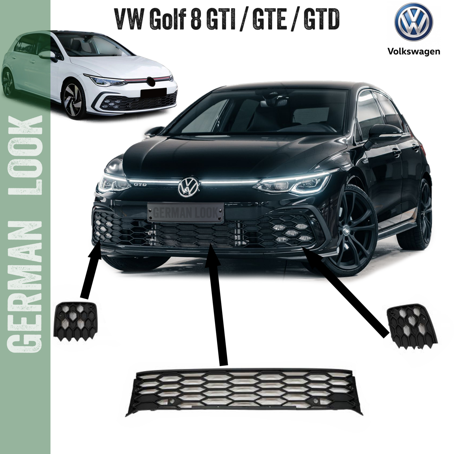 Kit 3 grilles pour pare-chocs VW Golf 8 GTD GTE GTI