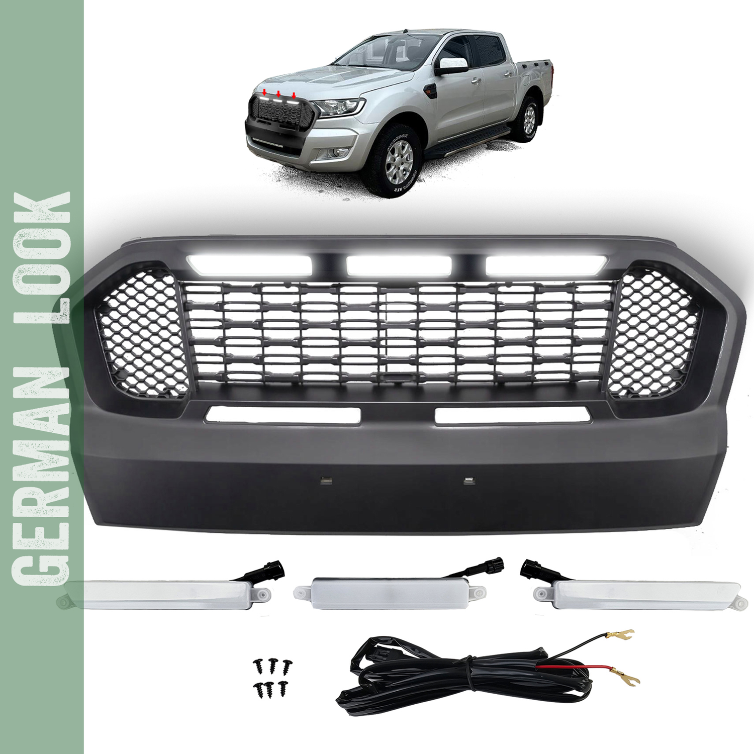 Calandre en nid d'abeille performance noire avec LED pour Ford Ranger T7 2016-2019